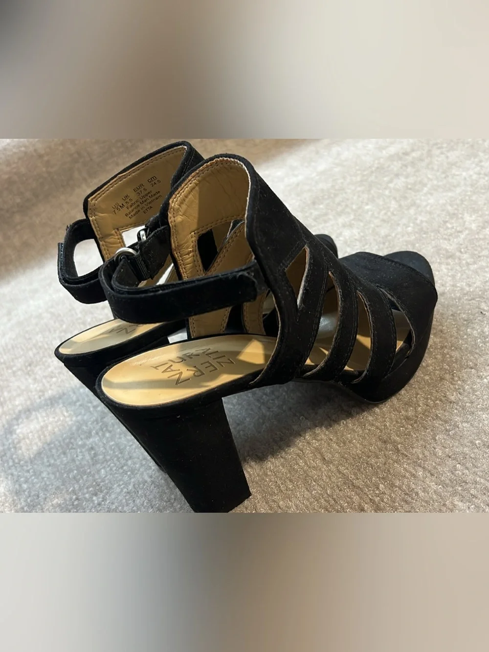 Naturalizer Etta Black Suede Open Toe Strappy Heels size 7.5